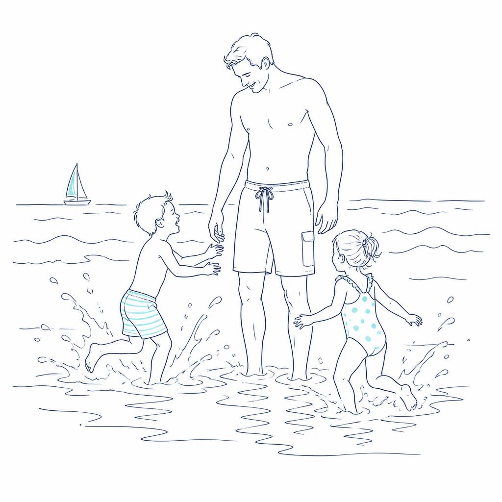 Line drawing of a dad in the shallows with his two young kids on a weekday afternoon
