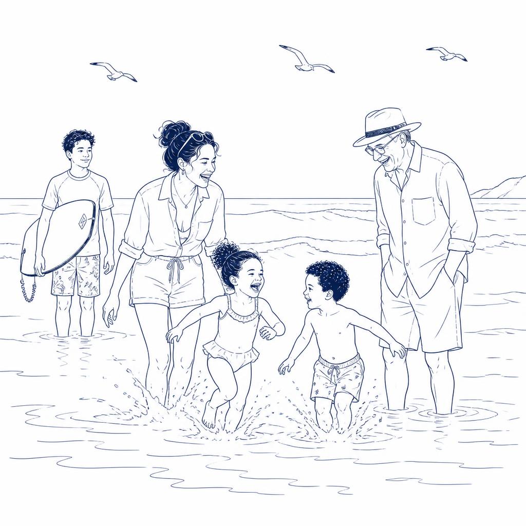 Line drawing of a mum, grandad and three kids splashing in the shallows on a weekday afternoon