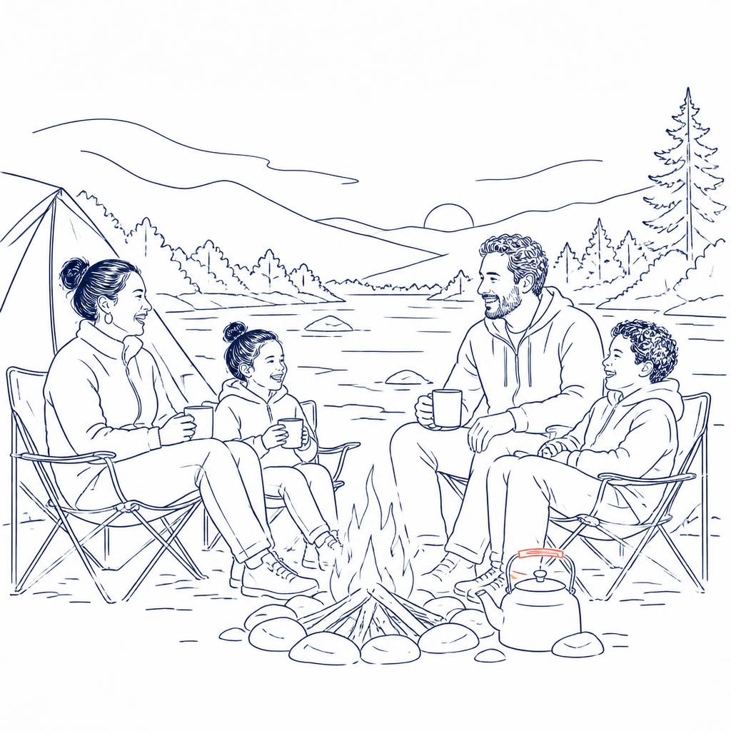 Line drawing of a family camping by the river at dusk, laughing around the fire with phones away