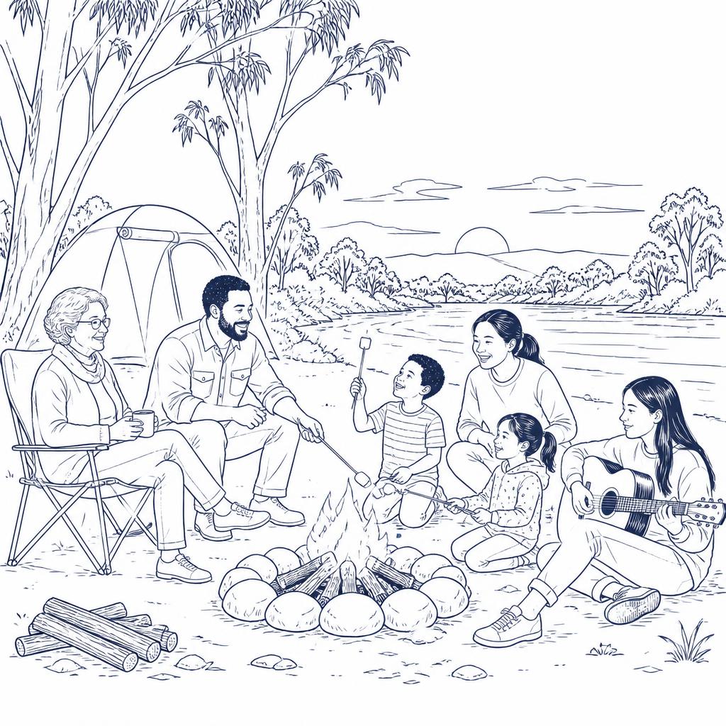 Line drawing of three generations camping by the river at dusk, toasting marshmallows with phones away