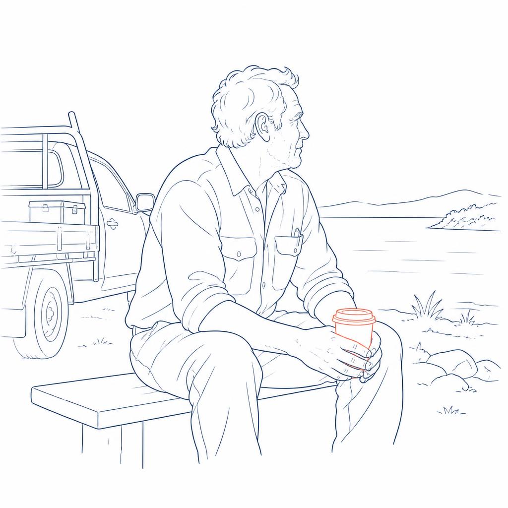 Line drawing of a tradesman having a quiet coffee by the water while his business runs