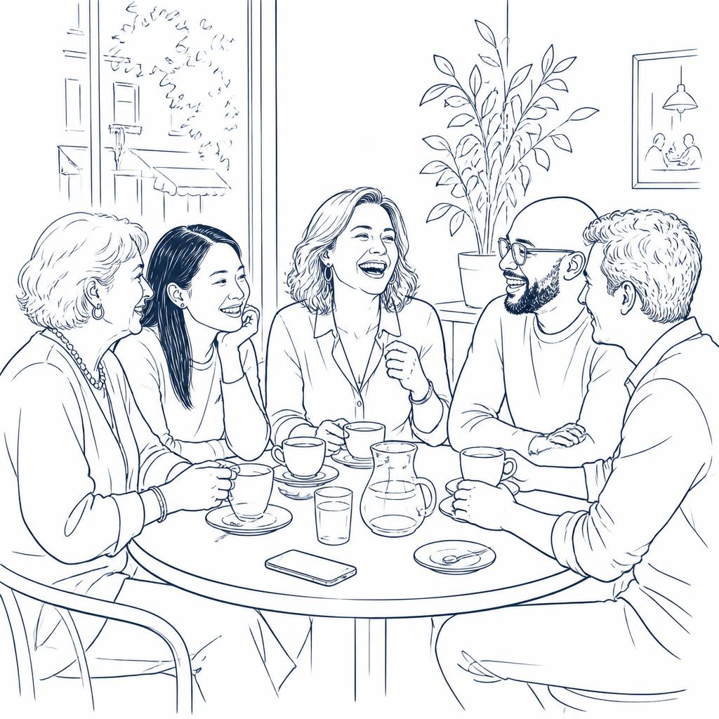 Line drawing of a woman laughing with a group of friends of different ages around a cafe table, phone face-down