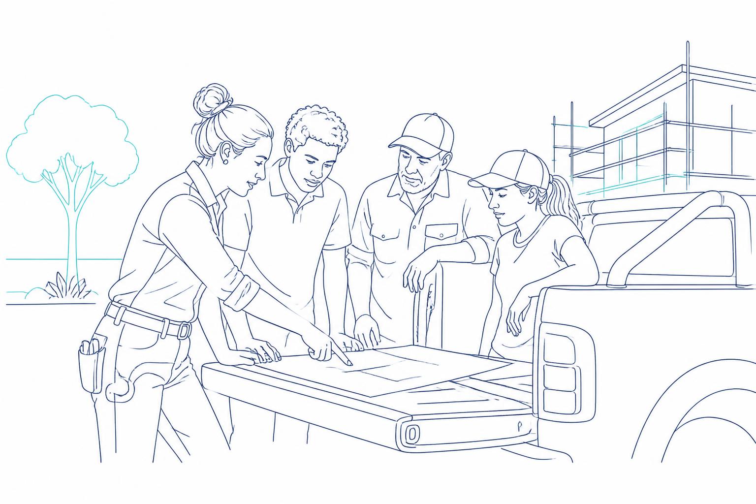Line drawing of a mixed crew of tradespeople going over the day's jobs around a ute tailgate on site