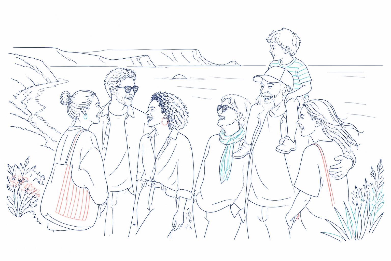 Line drawing of family and mates of different ages together at a coastal lookout on a weekday